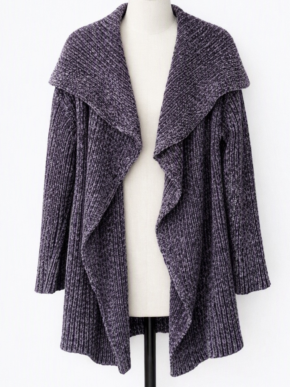 NWT Mystree Luxurious Purple Gray Velour Open-Front Long Cardigan Size S/M